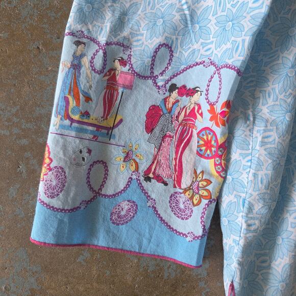 Josie Natori Women's Pajama Top Size XL Asian Inspired Blue Print Cotton - Picture 2 of 7